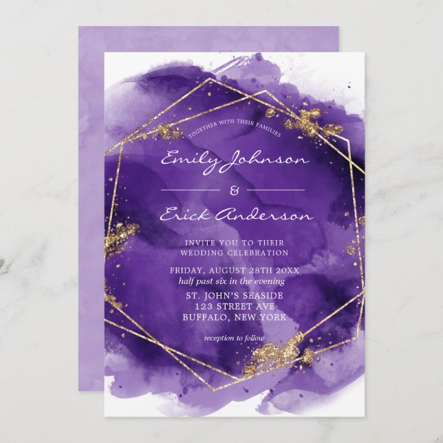 Purple Lavender and Gold Paint Geometric Wedding   Invitation (Front/Back)