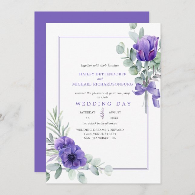 Purple Lavender Anemones and Greenery Frame Invitation (Front/Back)