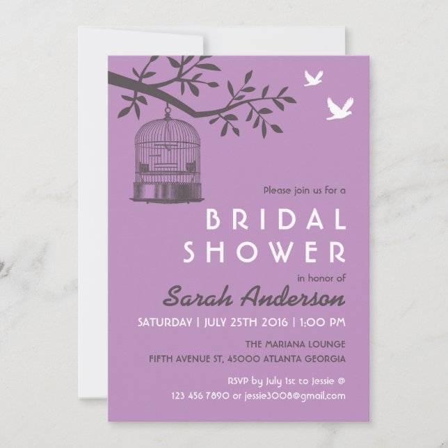 Purple Lavender Bird Cage Rustic Shower Invitation (Front)