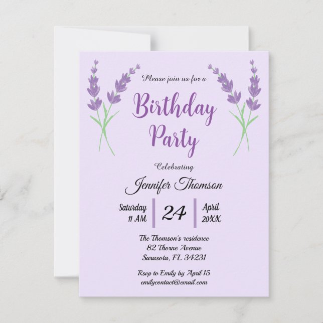 Purple Lavender Birthday party Invitation (Front)