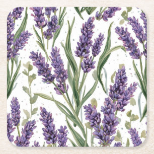 Purple Lavender Blooms Watercolor Botanical Square Paper Coaster