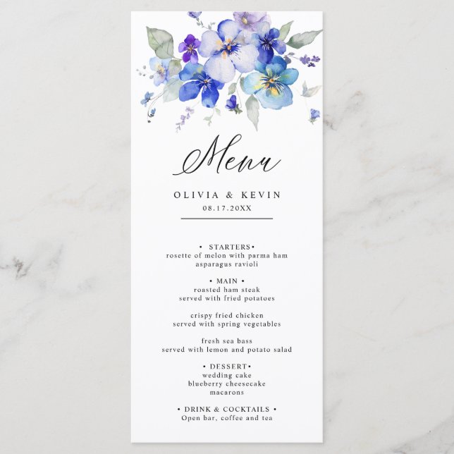 Purple Lavender Blue Navy Dusty Floral Wedding  Menu (Front)