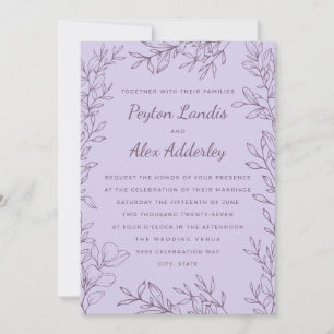 Purple Lavender Botanical Line Art Wedding Invitation