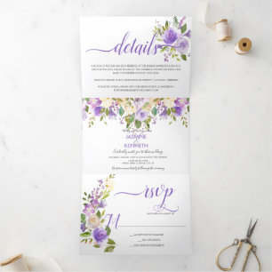 Purple Lavender Champagne Watercolor Floral Tri-Fold Invitation