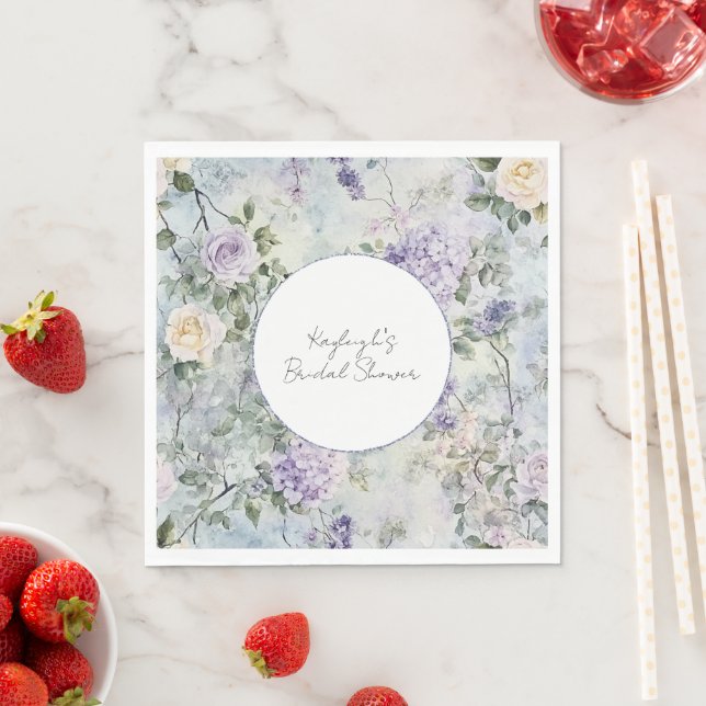 Purple Lavender Cream Rose Floral Bridal Shower Napkin (Insitu)