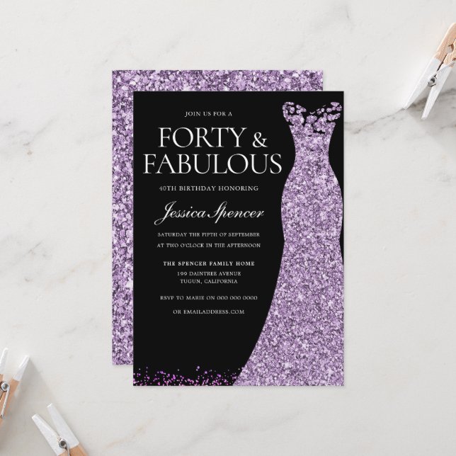Purple Lavender Dress Womans 40th Birthday Party Invitation (Front/Back In Situ)
