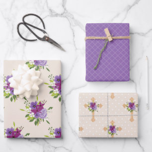 PURPLE & LAVENDER EASTER CROSSES WATERCOLOR FLOWER WRAPPING PAPER SHEET