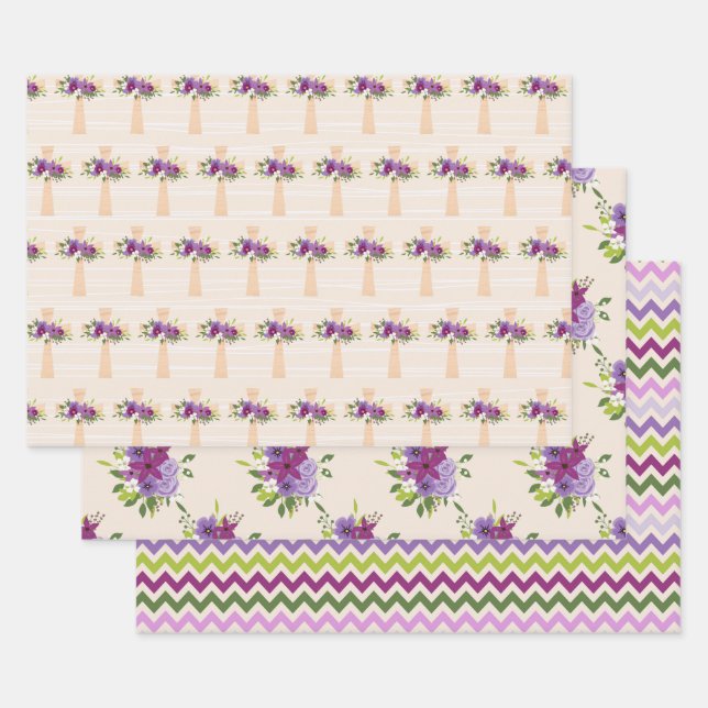 PURPLE & LAVENDER EASTER CROSSES WATERCOLOR FLOWER WRAPPING PAPER SHEET (Set)