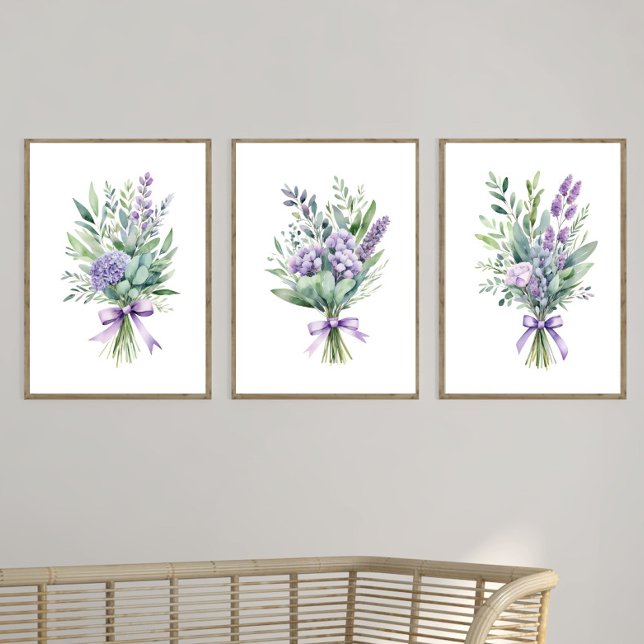 Purple Lavender Eucalyptus Wildflower Floral Print (Lavender Pastel Purple Flowers Wall Art Set of three prints posters. Framed or unframed)