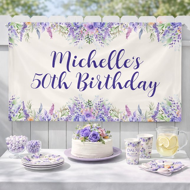 Purple Lavender Floral 50th Birthday Banner (She will love this Garden Party Birthday banner)