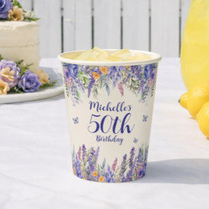 Purple Lavender Floral 50th Birthday Paper Cups