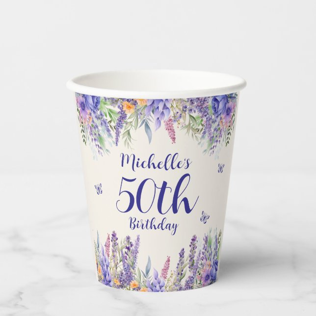 Purple Lavender Floral 50th Birthday Paper Cups (Front)