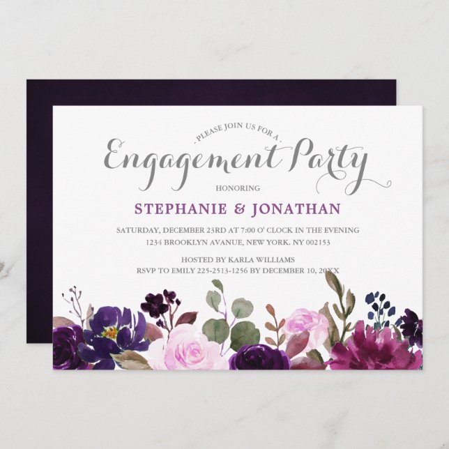 Purple Lavender Floral Boho Engagement Party Invitation (Front/Back)