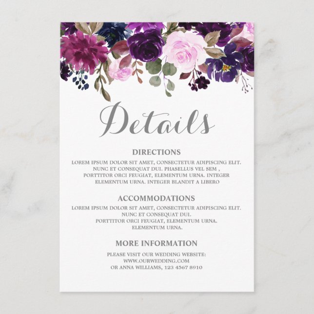 Purple Lavender Floral Boho Wedding Details card (Front)