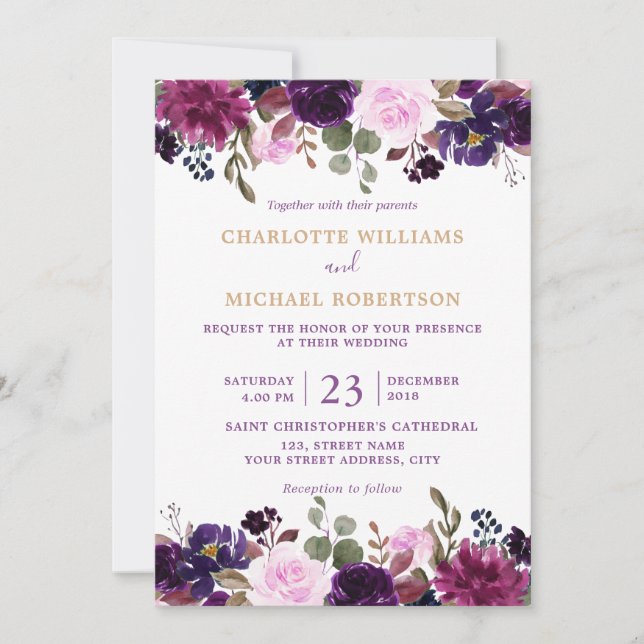 Purple Lavender Floral Boho Wedding Invitation (Front)