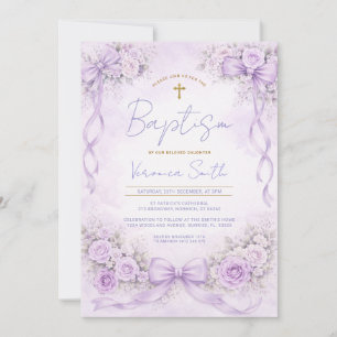 Purple Lavender Floral Bow Christening Invite