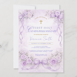 Purple Lavender Floral Bow First Holy Communion Invitation