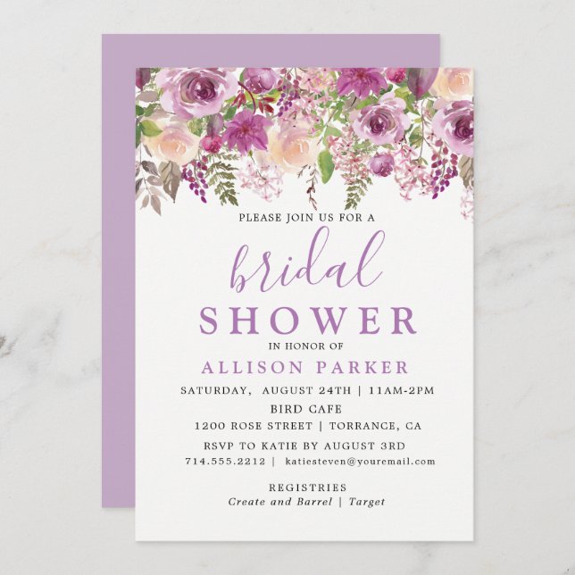 Purple Lavender Floral Bridal Shower Invitation (Front/Back)