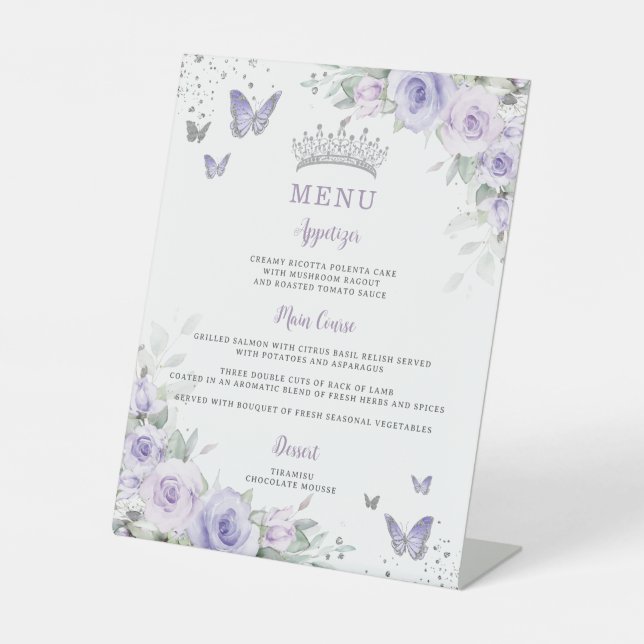 Purple Lavender Floral Butterflies Birthday Menu  Pedestal Sign (Front)