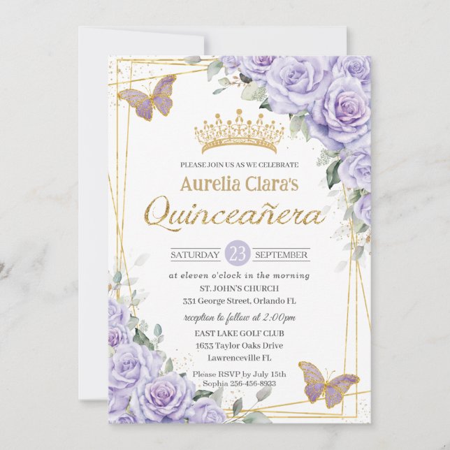 Purple Lavender Floral Butterfly Gold Quinceanera Invitation (Front)