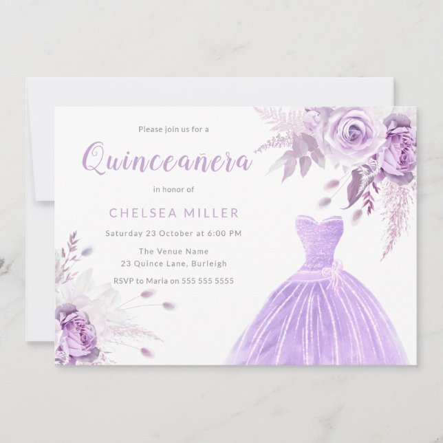 Purple Lavender Floral & Dress Quinceanera Party Invitation (Front)