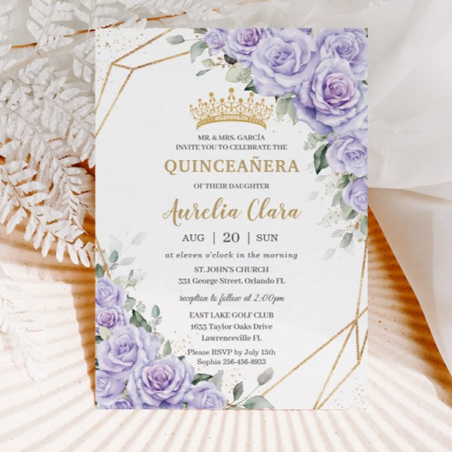 Purple Lavender Floral Flowers Gold Quinceañera Invitation (Creator Uploaded)