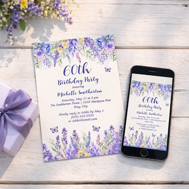 Purple Lavender Floral Garden Party 60th Birthday Invitation (60 years!  Celebrate!)