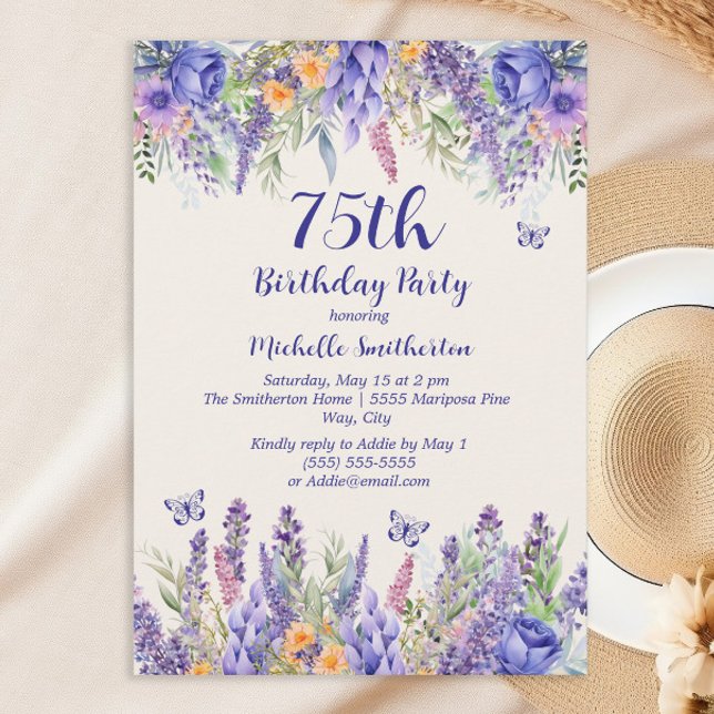Purple Lavender Floral Garden Party 75th Birthday Invitation (Cheers to 75 years!)