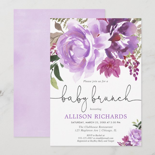 Purple lavender floral girl baby brunch shower invitation (Front/Back)