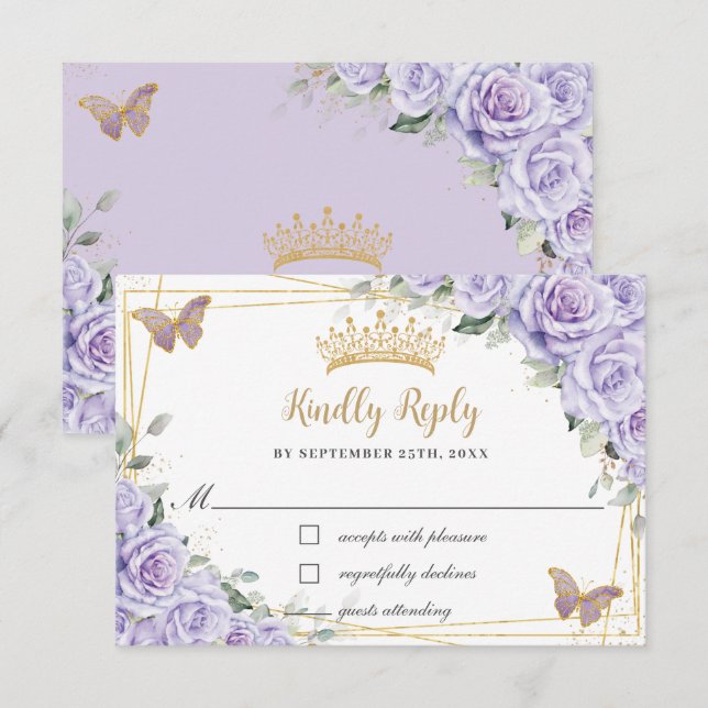Purple Lavender Floral Quinceañera Butterflies RSVP Card (Front/Back)