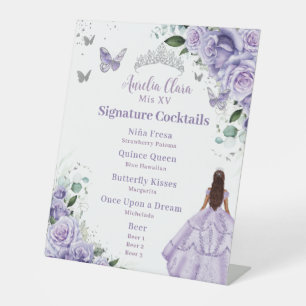 Purple Lavender Floral Quinceañera Cocktails Menu Pedestal Sign