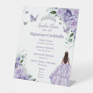 Purple Lavender Floral Quinceañera Cocktails Menu Pedestal Sign
