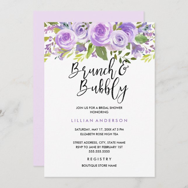 Purple Lavender Floral Rose Brunch And Bubbly Invitation (Front/Back)
