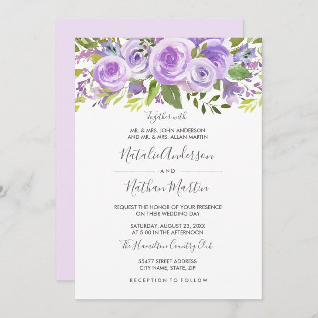 Purple Lavender Floral Rose Wedding Invitation (Front/Back)