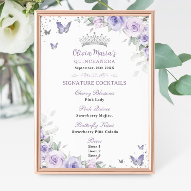 Purple Lavender Floral Silver Quinceañera Bar Menu Poster (Creator Uploaded)