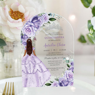 Purple Lavender Floral Silver Quinceañera Sweet 16 Acrylic Invitations