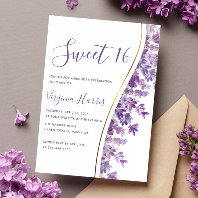 Purple Lavender Floral Sweet Sixteen 16 Birthday Invitation (Creator Uploaded)