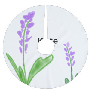 Purple lavender floral watercolor add name text cu brushed polyester tree skirt