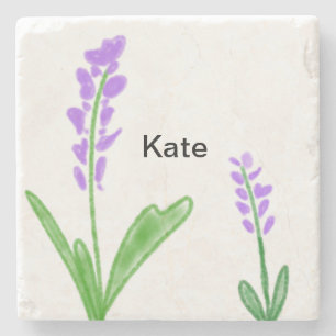 Purple lavender floral watercolor add name text cu stone coaster