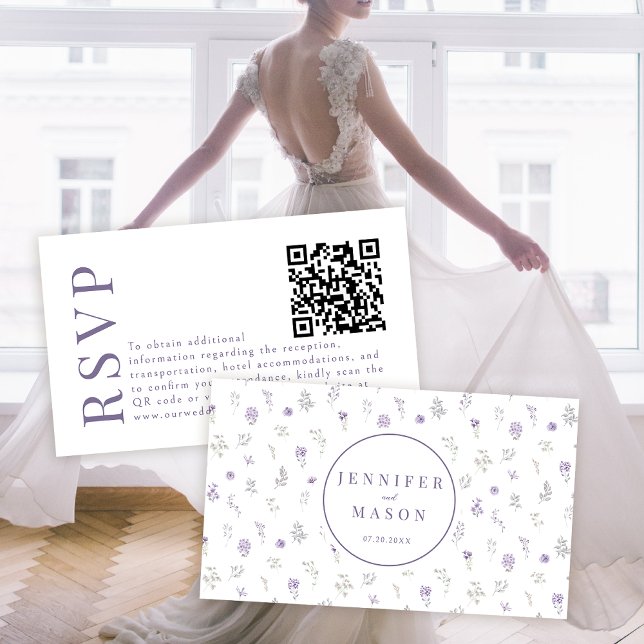 Purple lavender floral wedding RSVP QR code cards (Creator Uploaded)