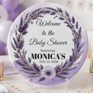 purple Lavender Floral Wreath Baby Shower Paper Plate