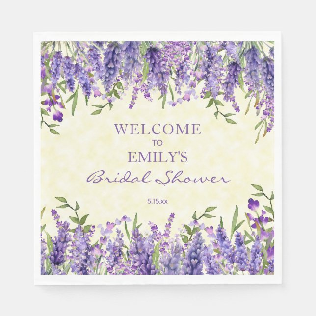 Purple Lavender Floral Yellow Bridal Shower Napkin (Front)