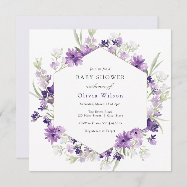 Purple Lavender Flowers Baby Shower Invitation (Front/Back)