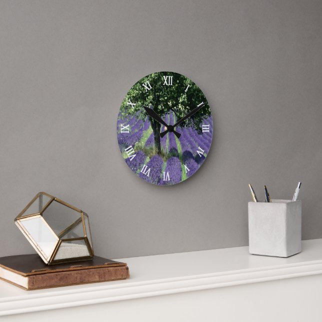 Purple Lavender Flowers Olive Trees Art Painting Round Clock (Office)