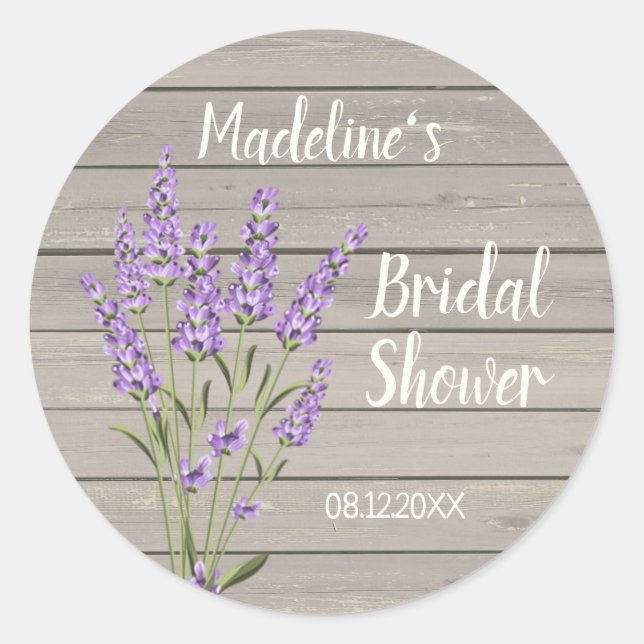Purple lavender flowers on wood Bridal Shower  Cla Classic Round Sticker (Front)