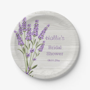 Purple lavender flowers on wood Bridal Shower Paper Plate
