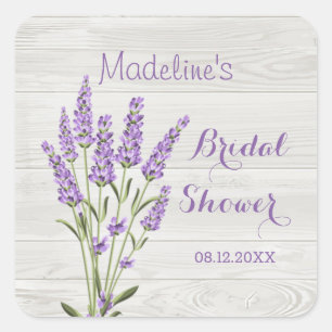 Purple lavender flowers on wood Bridal Shower Square Sticker