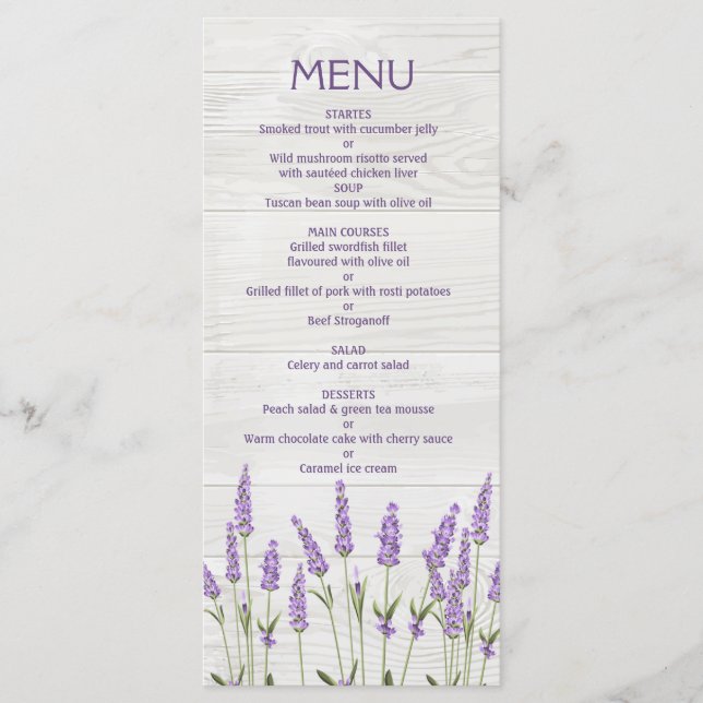 Purple lavender flowers on wood Wedding Menu (Front)