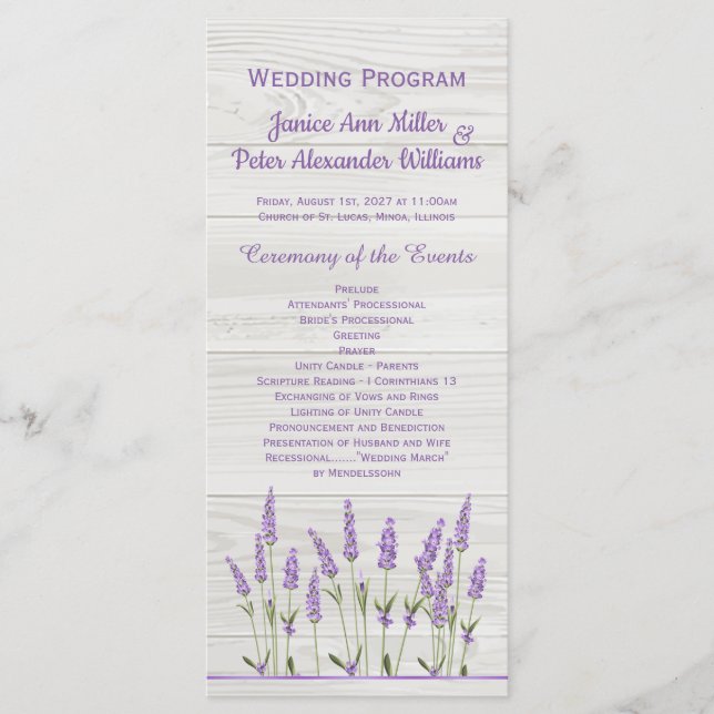 Purple lavender flowers on wood Wedding Programme (Front)