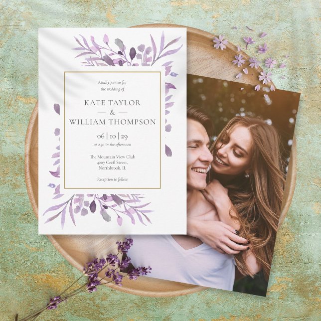 Purple Lavender Foliage Gold Photo Wedding Invitation (Creator Uploaded)